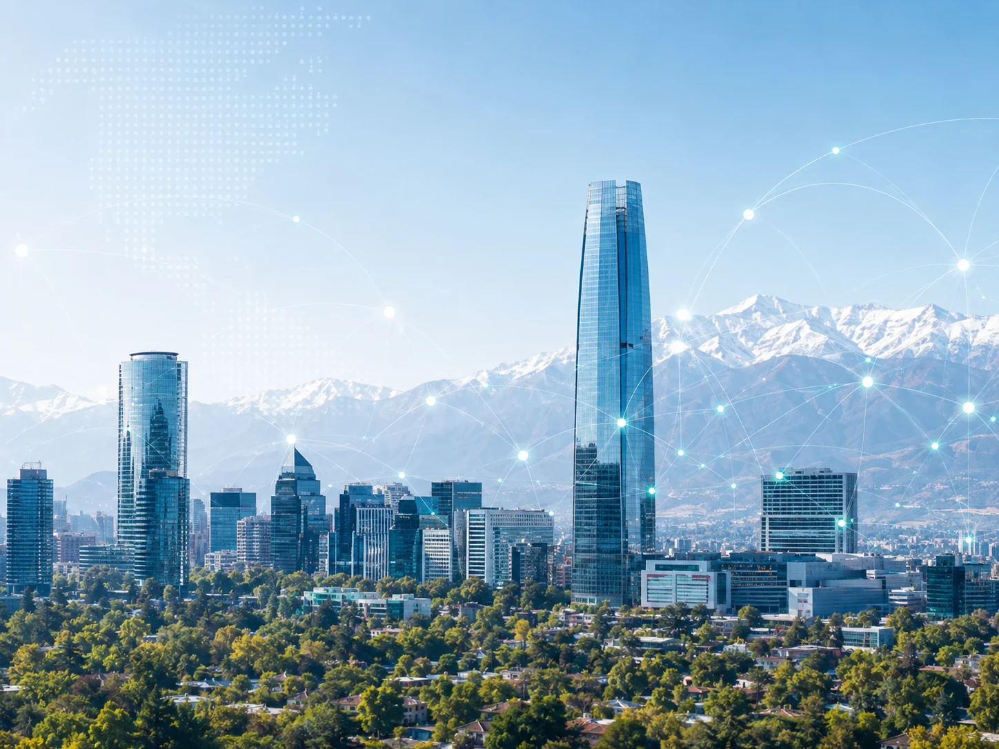 Vista de Santiago de Chile con una red de conexiones superpuesta