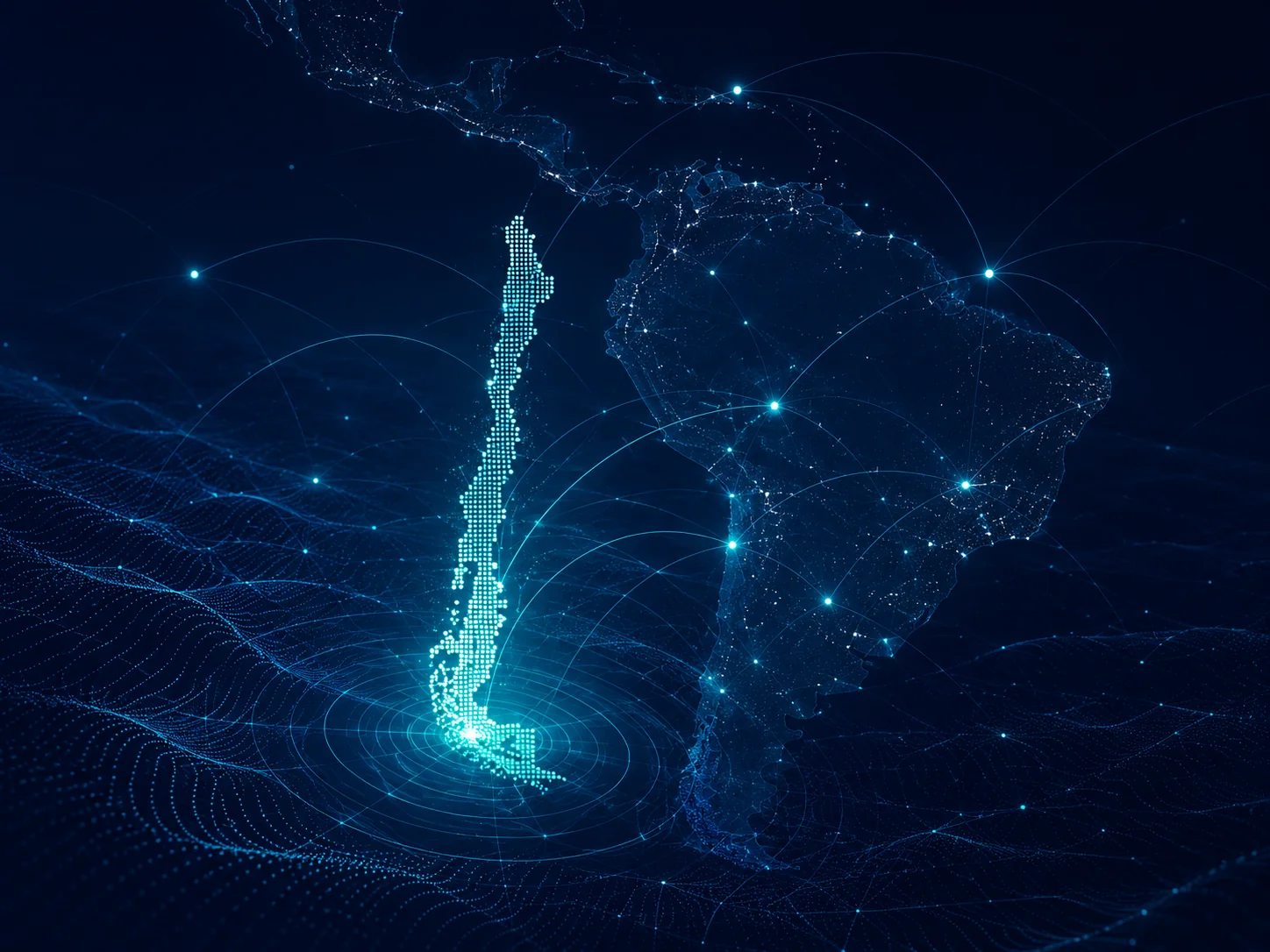 Mapa de Chile representado con puntos de luz y conexiones hacia Latinoamérica