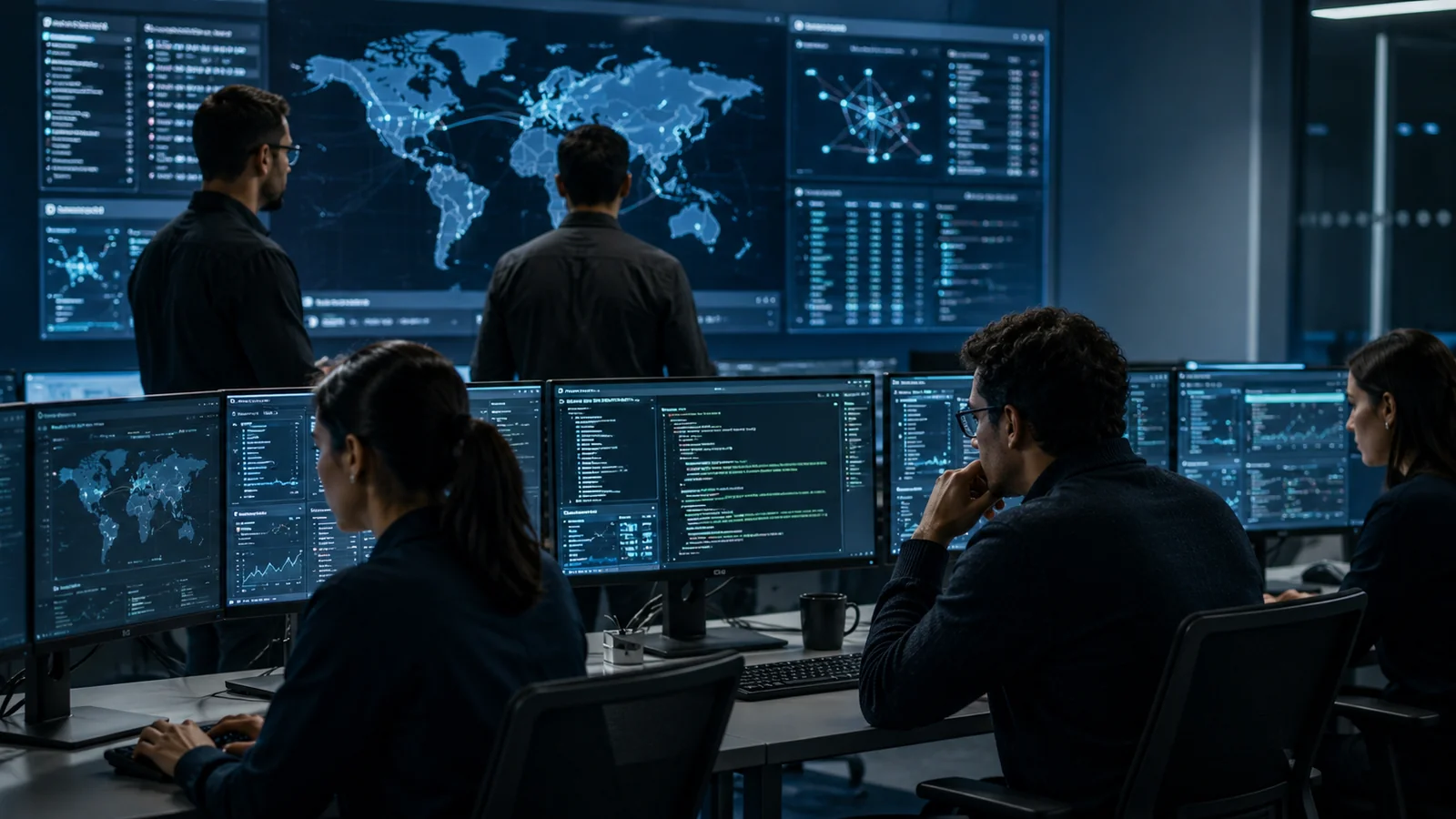 Analistas de ciberseguridad revisando el monitoreo de una organización